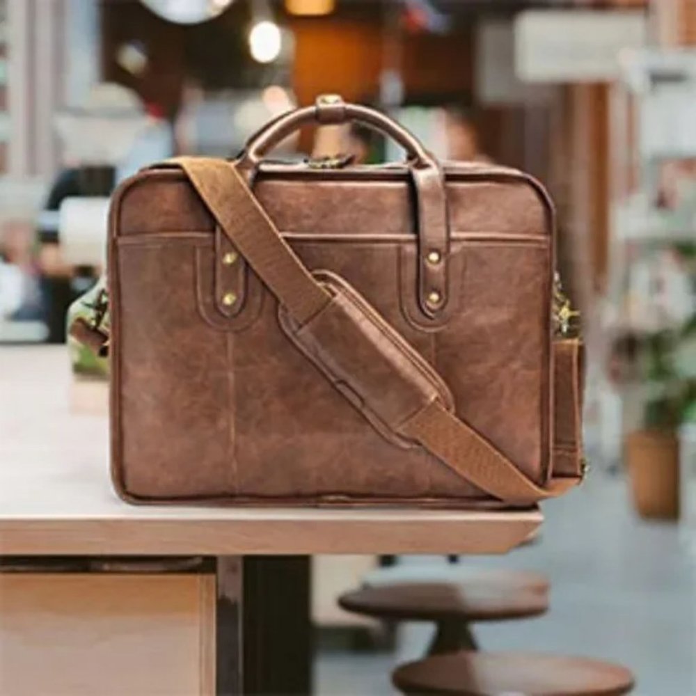 NEW Brown Leather Briefcase 15.6 Inch Laptop Bag Travel Messenger Bag - Picture 2 of 11